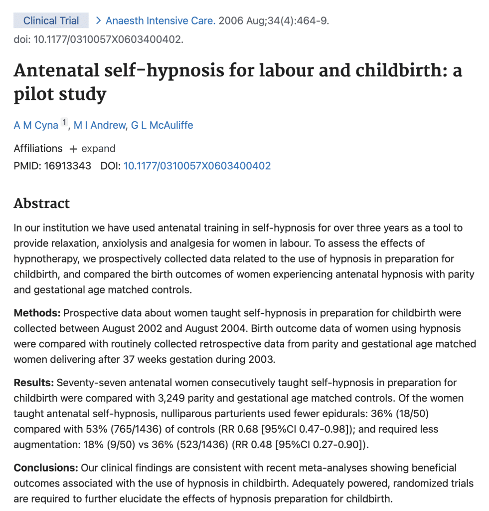 Antenatal self-hypnosis for labour and childbirth - a pilot study - PubMed